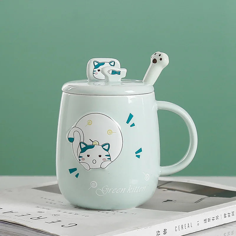 Cat-Themed Ceramic Mug with Lid and Spoon Cartoon Style Perfect for Office or Home Use Coffee Cup Mugs Mug Glass Mug Cup Mugs