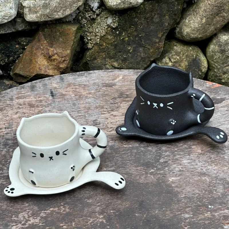 230ml Ceramic Cat Mug Cup Saucer Cute Cartoon Coffee Cup Milk Tea Water Cup Irregular Drinkware Cafe Home Tableware Gift