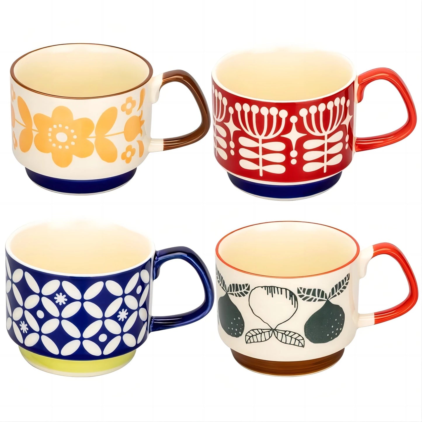 4pcs Set Ceramic Ear Hanging Coffee Mug Underglaze Colored Breakfast Milk Oatmeal Cup Japanese Retro Style Lovers Mug Stackable