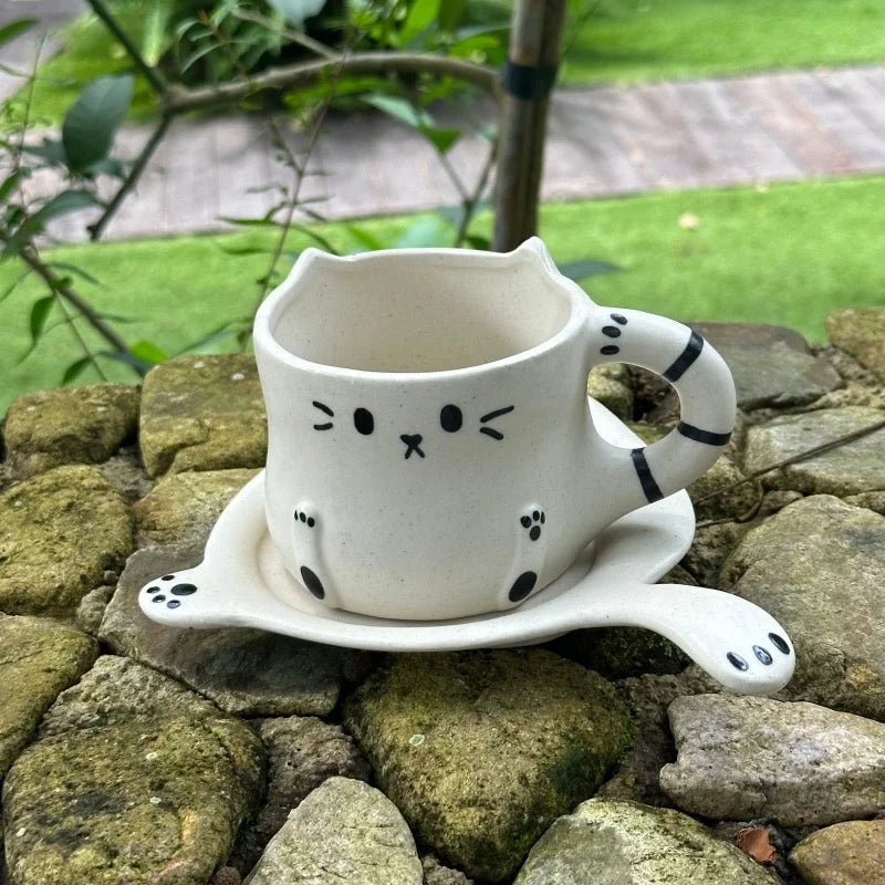 230ml Ceramic Cat Mug Cup Saucer Cute Cartoon Coffee Cup Milk Tea Water Cup Irregular Drinkware Cafe Home Tableware Gift