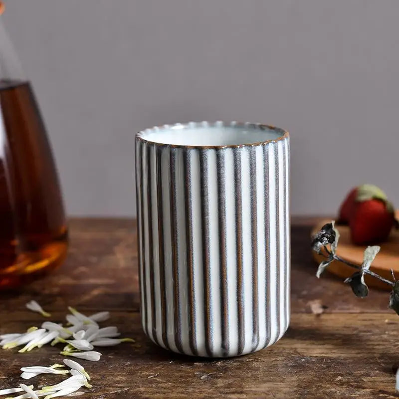 Vertical Striped Ceramic Coffee Mug, Exquisite Teacup, 300ml, Sake, Sushi, Family Restaurant Dinnerware, Wholesale Cups