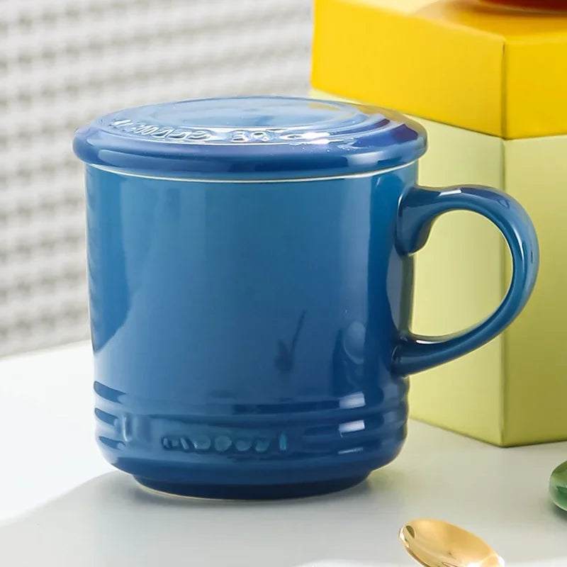 Cool Color LE CREUSET Ceramic Mug with Lid 300ml Milk Coffee Cup for Home Breakfast French Style Pure Color Office Use