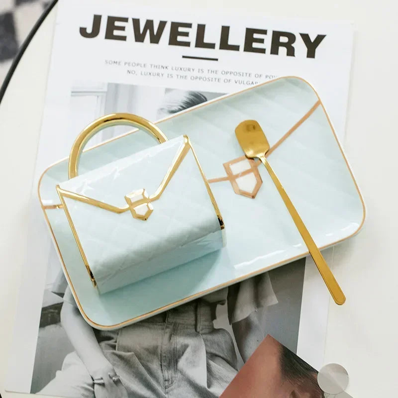 Bag Shaped Coffee Mug Luruxy Aesthetic Cup Ceramic Handbag Shape Tea Mug Saucer Set Dessert Afternoon Water Cup Drinkware Gift