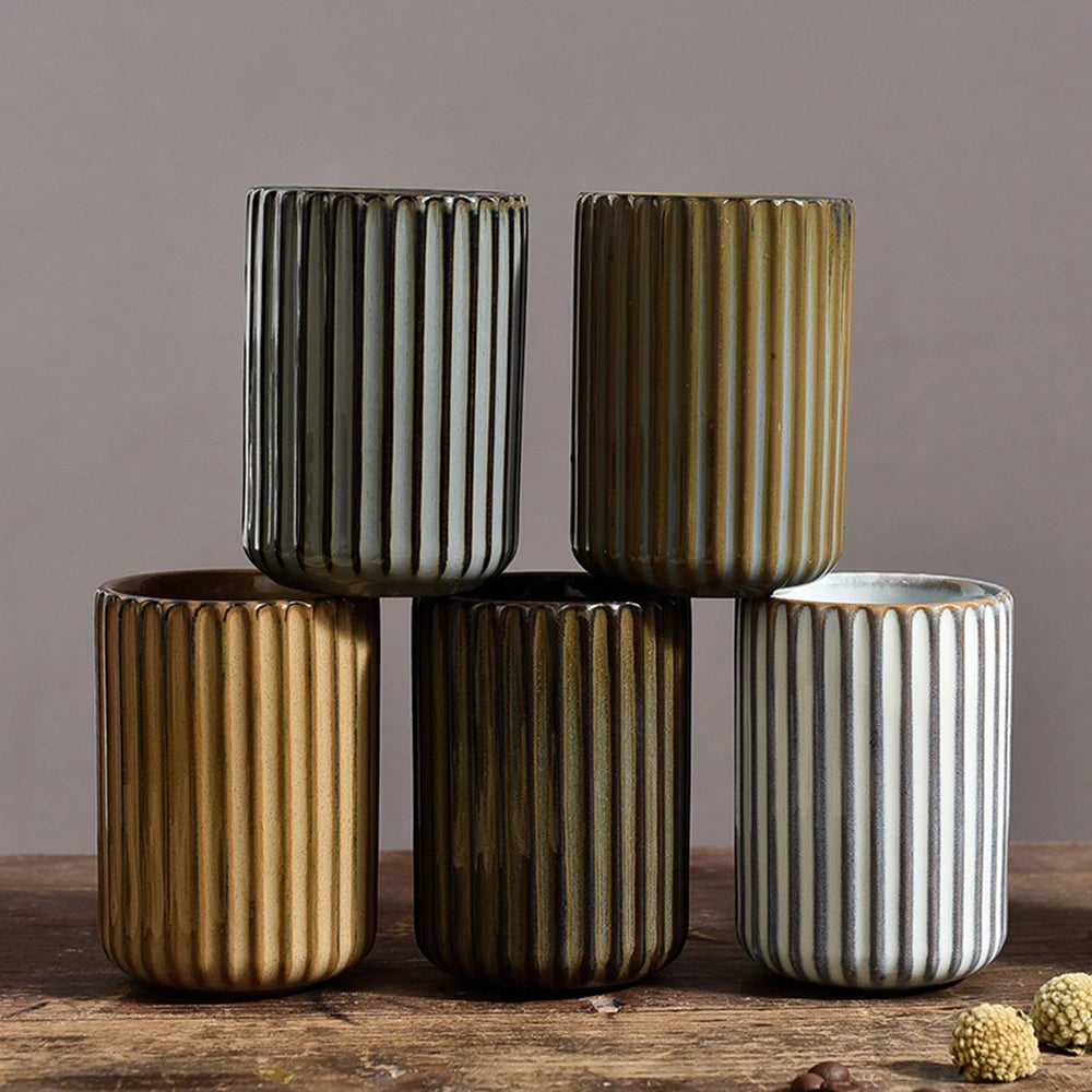 Vertical Striped Ceramic Coffee Mug, Exquisite Teacup, 300ml, Sake, Sushi, Family Restaurant Dinnerware, Wholesale Cups