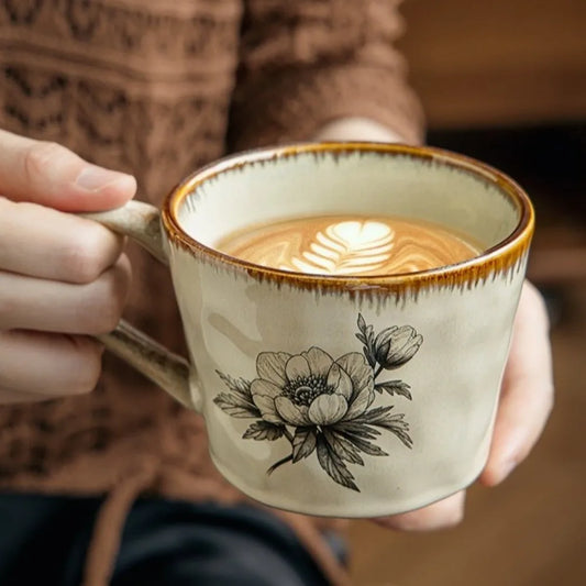 Microwave Safe Ceramic Coffee Cup 385ml Non-slip Antique Style Mug Heat-resistant Comfortable Grip Breakfast Cup Kitchen
