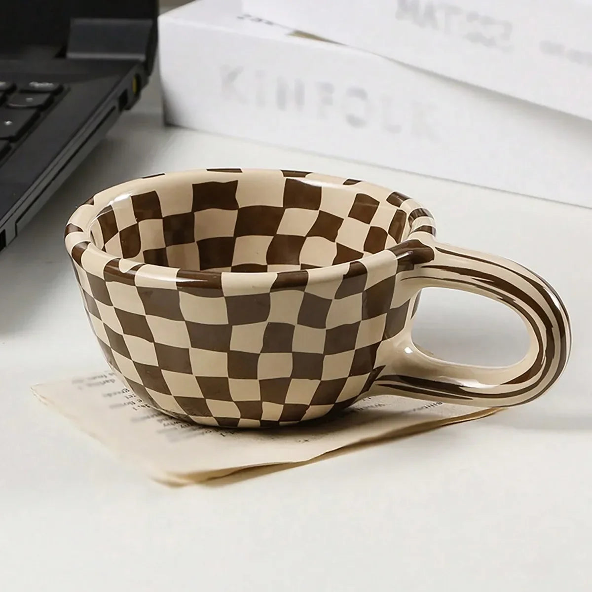 1pc A unique checkerboard ceramic coffee cup - perfect for coffee, milk, tea - an ideal gift for friends and home decor