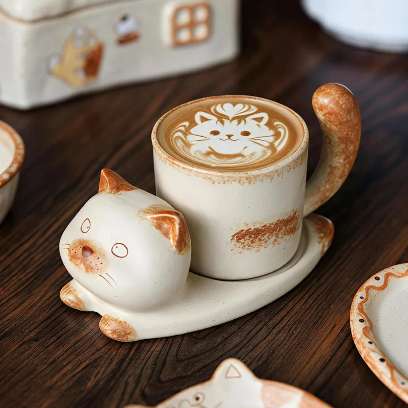 Ceramic Cat Coffee Mug Saucer Set Cute Cartoon Tea Cup Vintage Pottery Milk Cup Espresso Drinkware Home Cafe Gift Tableware