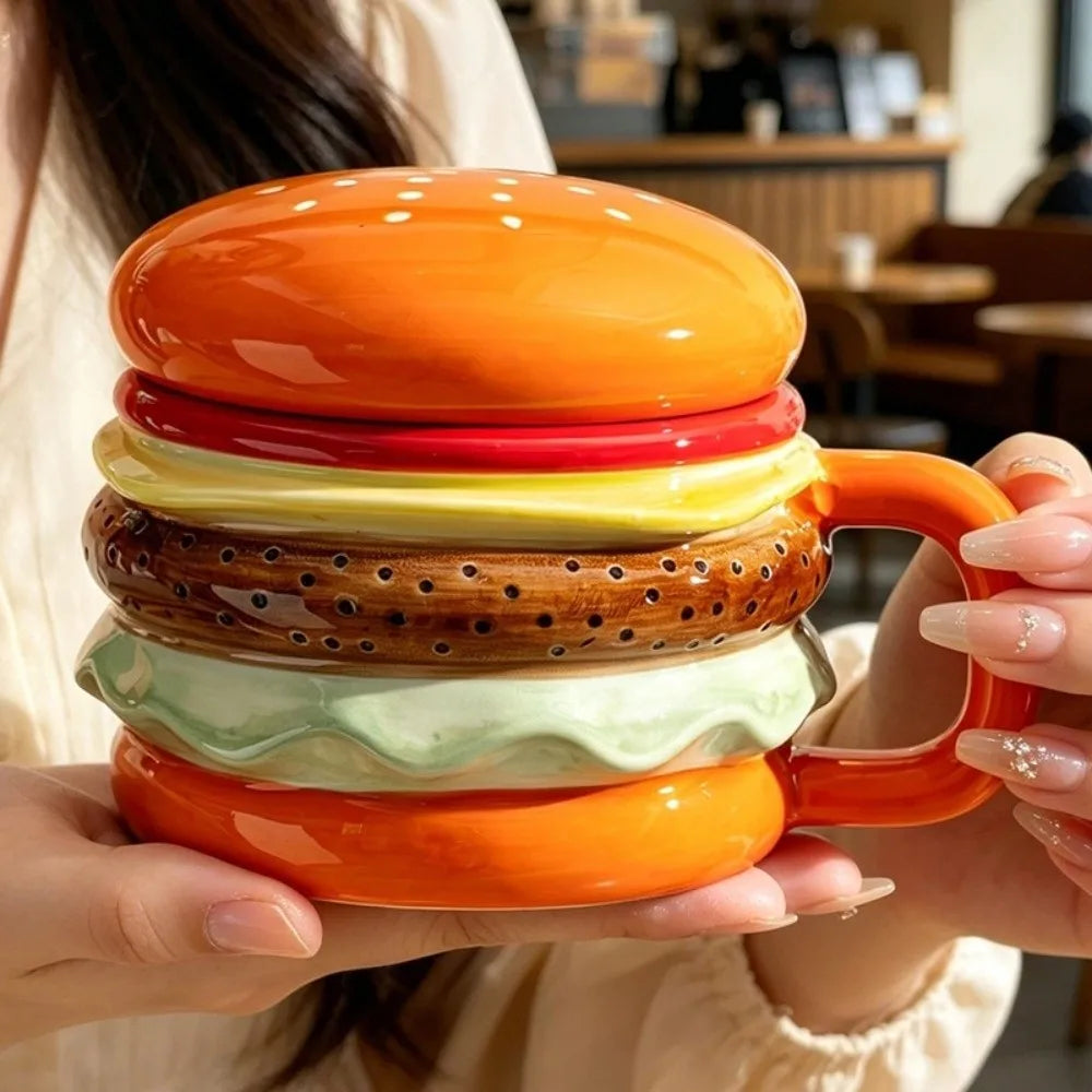 Bright Fun Colors Burger-Shaped Ceramic Mug with Lid Comfortable Grip Hamburger Mug 420ml Cartoon Breakfast Cup Birthday Gift