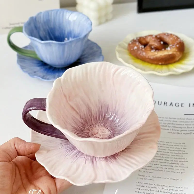 Creative Ceramic Coffee Mug Saucer Three-dimensional Flower Decoration Cup Delicate Latte Coffee Cup Home Breakfast Oatmeal Mug