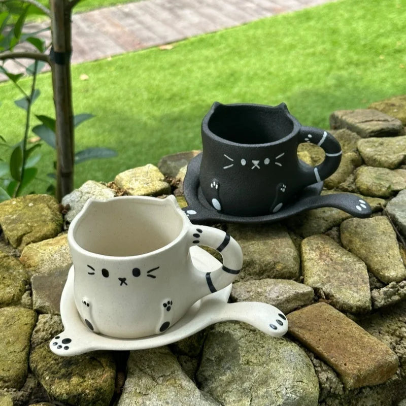 230ml Ceramic Cat Mug Cup Saucer Cute Cartoon Coffee Cup Milk Tea Water Cup Irregular Drinkware Cafe Home Tableware Gift