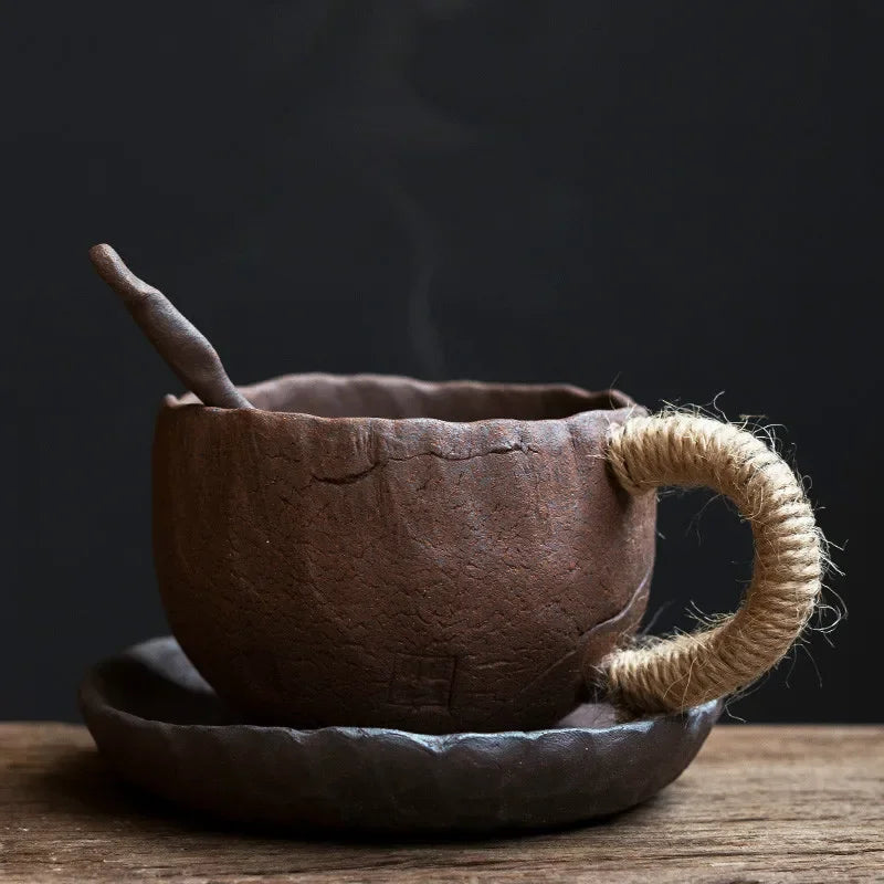 Handmade thick ceramic mug with lid spoon creative tie rope ceramic large capacity Japanese coffee cup cups