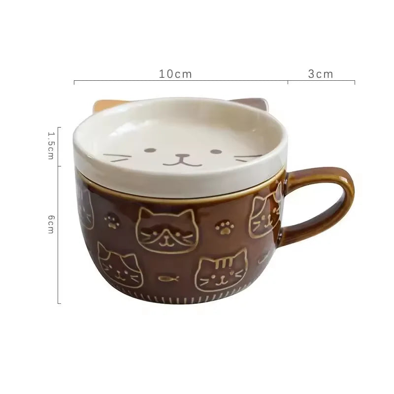 Cartoon Cat Ceramic Coffee Cups Mug Ceramics Japanese Cute Cat Milk Cup Kids Breakfast Oat Milk Mugs With Lid Creative Gift