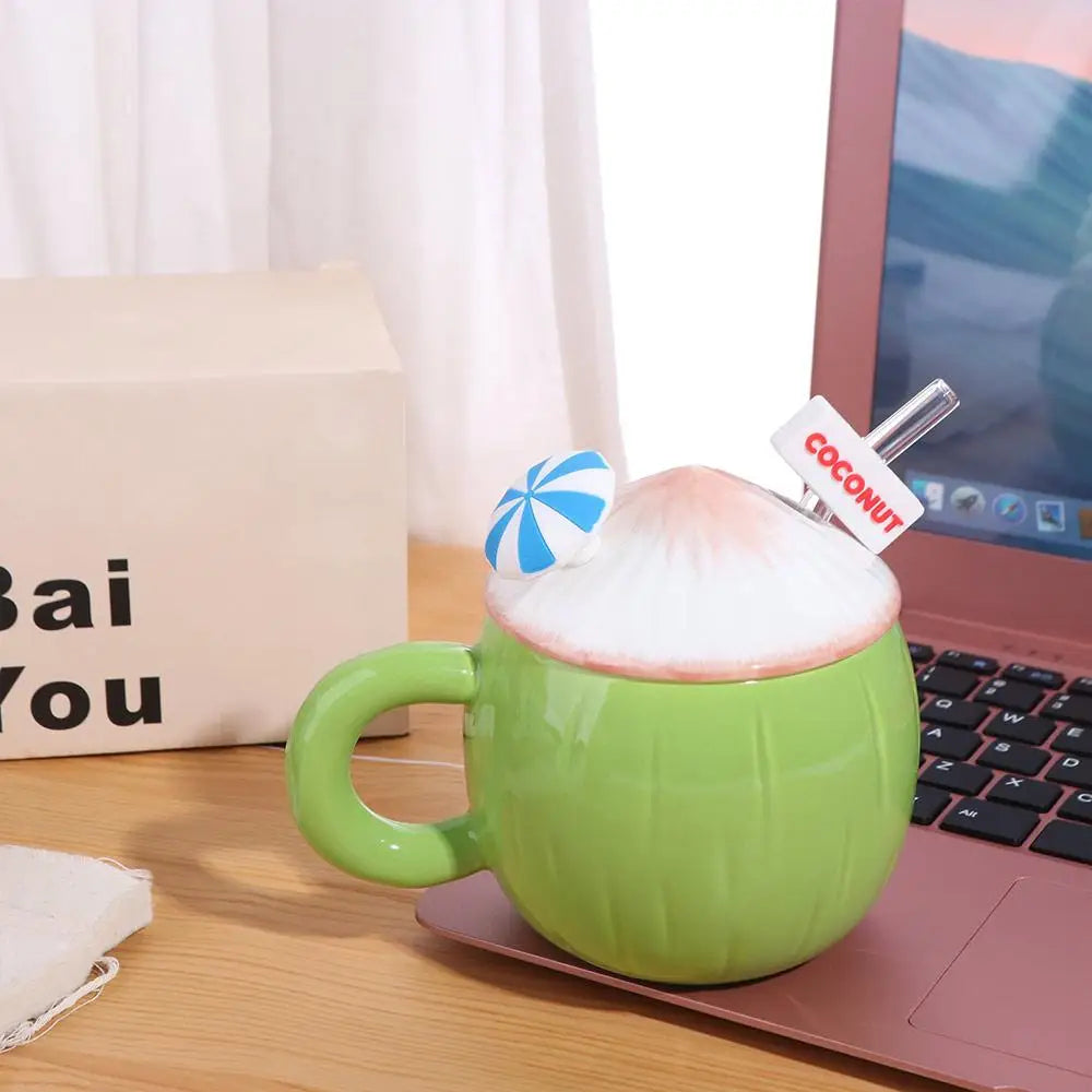 Large Capacity Ceramic Coconut Mug Convenient Handle Comfortable Grip Creative Coffee Cups with Lid Easy To Clean Heat-resistant