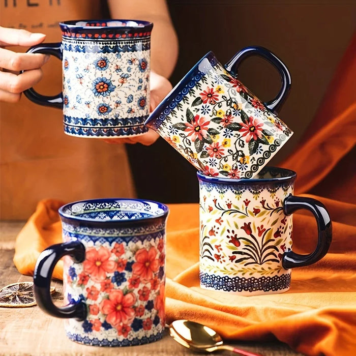 Bohemian Style Ceramic Mug, Hand-Painted Floral Pattern, Microwave Oven Compatible, Suitable for Coffee and Tea Consumption.