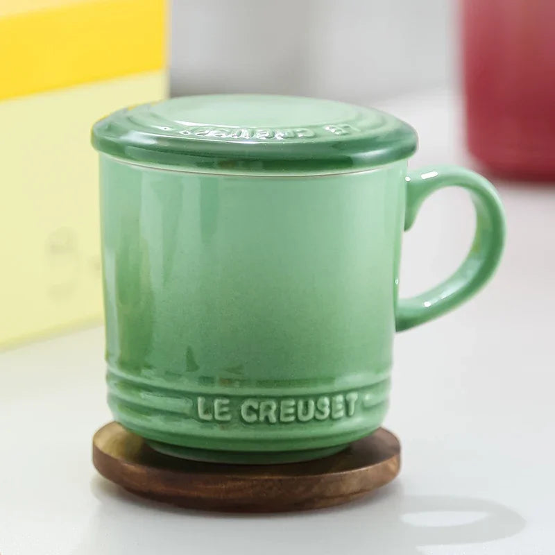 Cool Color LE CREUSET Ceramic Mug with Lid 300ml Milk Coffee Cup for Home Breakfast French Style Pure Color Office Use