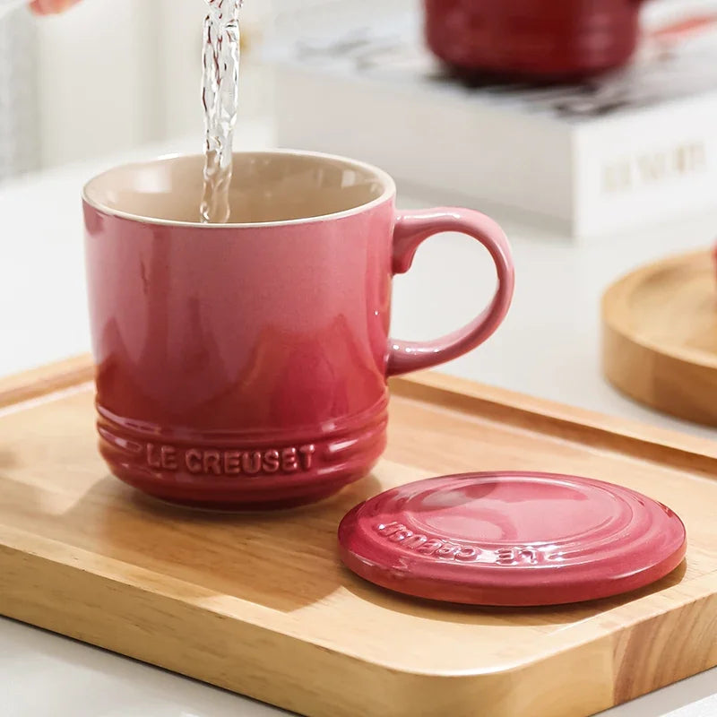 Cool Color LE CREUSET Ceramic Mug with Lid 300ml Milk Coffee Cup for Home Breakfast French Style Pure Color Office Use