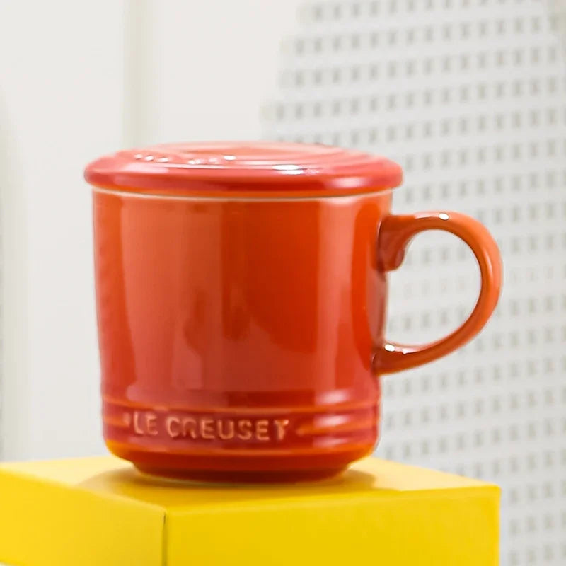 Cool Color LE CREUSET Ceramic Mug with Lid 300ml Milk Coffee Cup for Home Breakfast French Style Pure Color Office Use