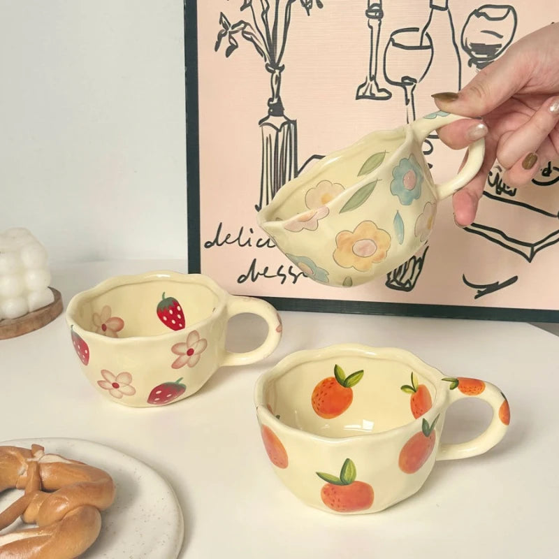 Ceramic Coffee Cup, Hand-made Irregular Flower Milk Tea Cup, Simple Office Mug, Home Breakfast Milk Cup, Kitchen Supplies