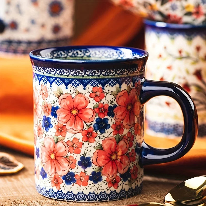 Bohemian Style Ceramic Mug, Hand-Painted Floral Pattern, Microwave Oven Compatible, Suitable for Coffee and Tea Consumption.