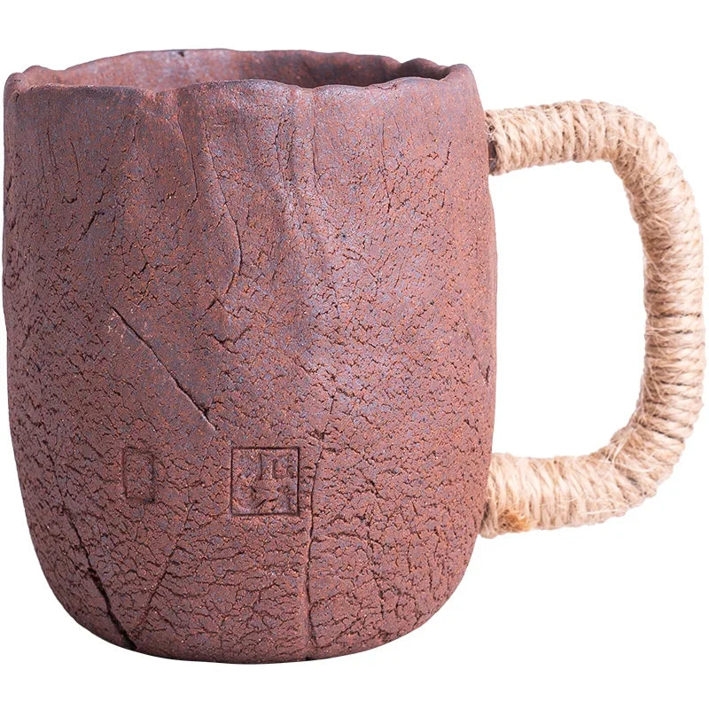Handmade thick ceramic mug with lid spoon creative tie rope ceramic large capacity Japanese coffee cup cups