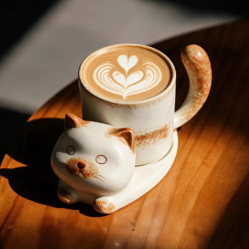 Ceramic Cat Coffee Mug Saucer Set Cute Cartoon Handmade Porcelain Tea Cup Vintage Latte Drinkware Home Cafe Tableware Gift