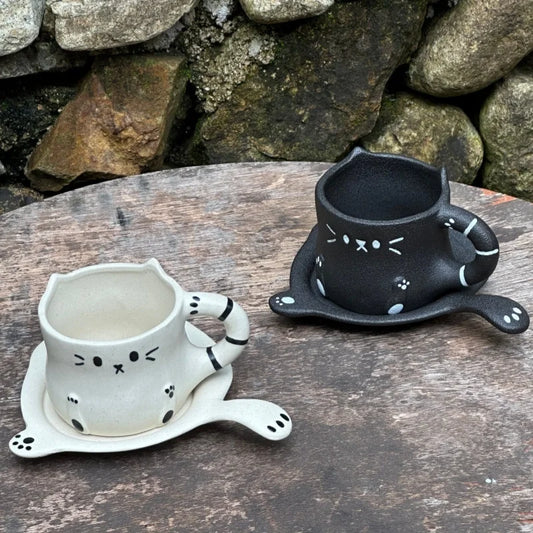 230ml Ceramic Cat Mug Cup Saucer Cute Cartoon Coffee Cup Milk Tea Water Cup Irregular Drinkware Cafe Home Tableware Gift