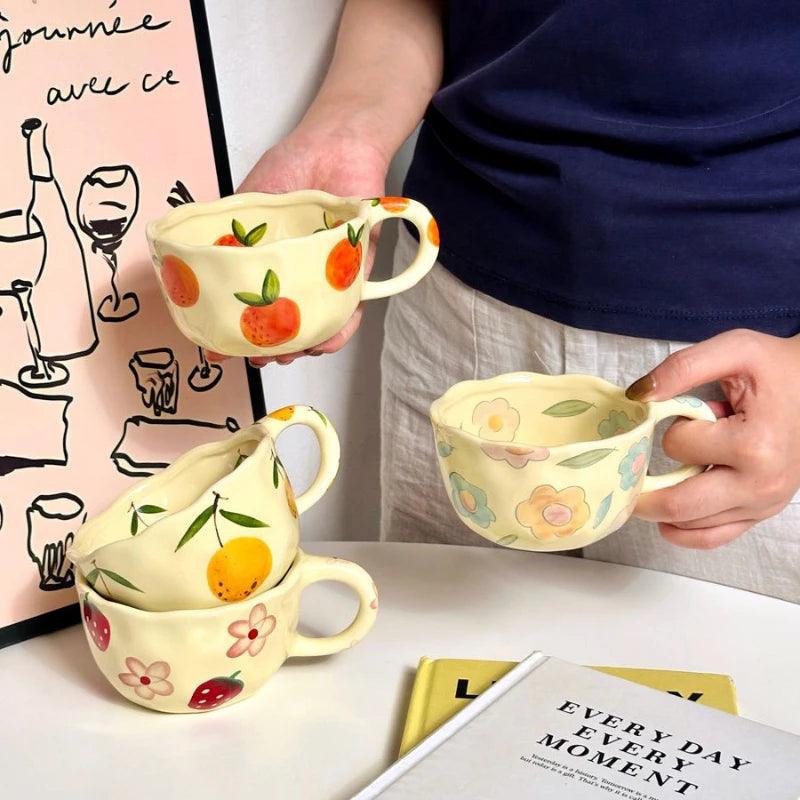 Ceramic Coffee Cup, Hand-made Irregular Flower Milk Tea Cup, Simple Office Mug, Home Breakfast Milk Cup, Kitchen Supplies