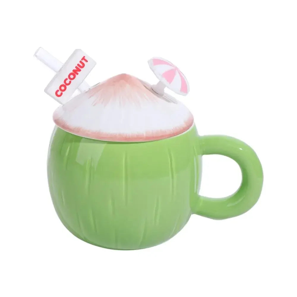 Large Capacity Ceramic Coconut Mug Convenient Handle Comfortable Grip Creative Coffee Cups with Lid Easy To Clean Heat-resistant