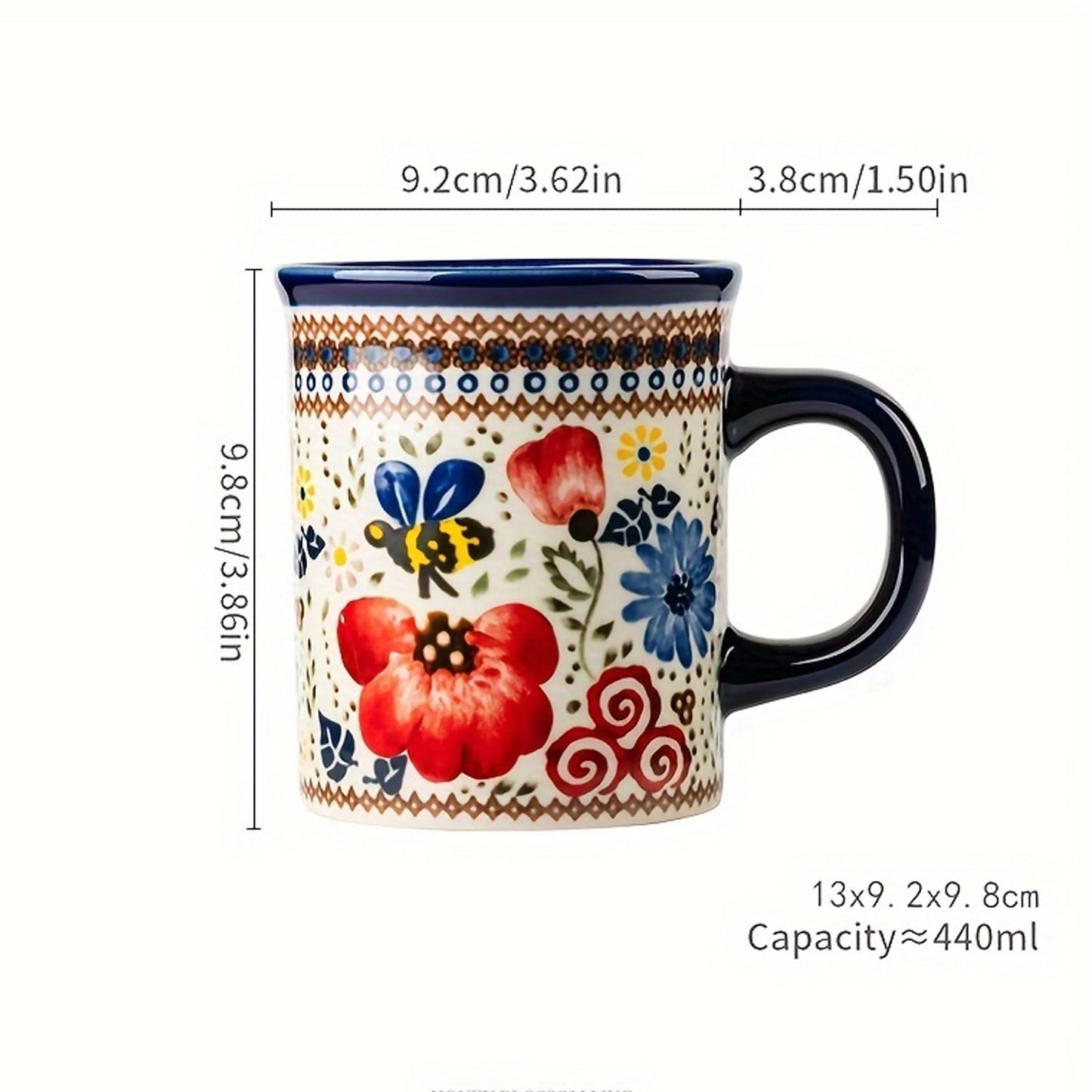 Bohemian Style Ceramic Mug, Hand-Painted Floral Pattern, Microwave Oven Compatible, Suitable for Coffee and Tea Consumption.
