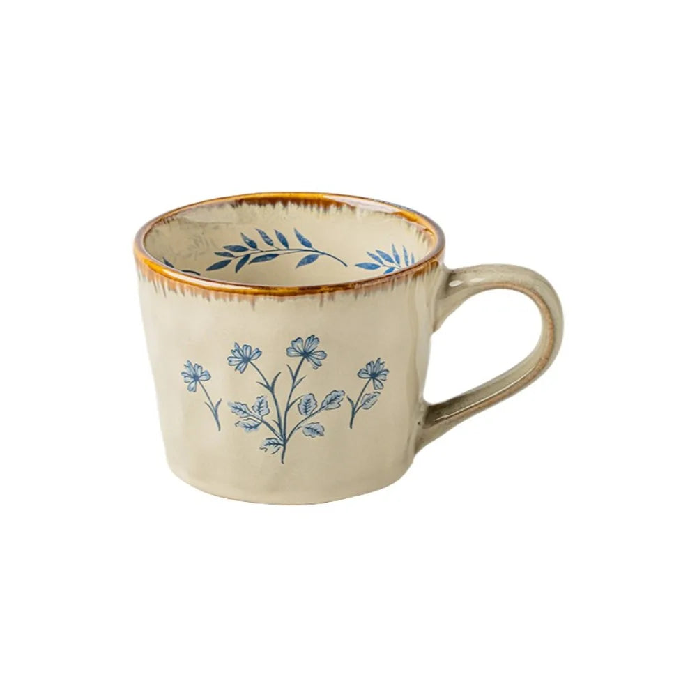 Microwave Safe Ceramic Coffee Cup 385ml Non-slip Antique Style Mug Heat-resistant Comfortable Grip Breakfast Cup Kitchen