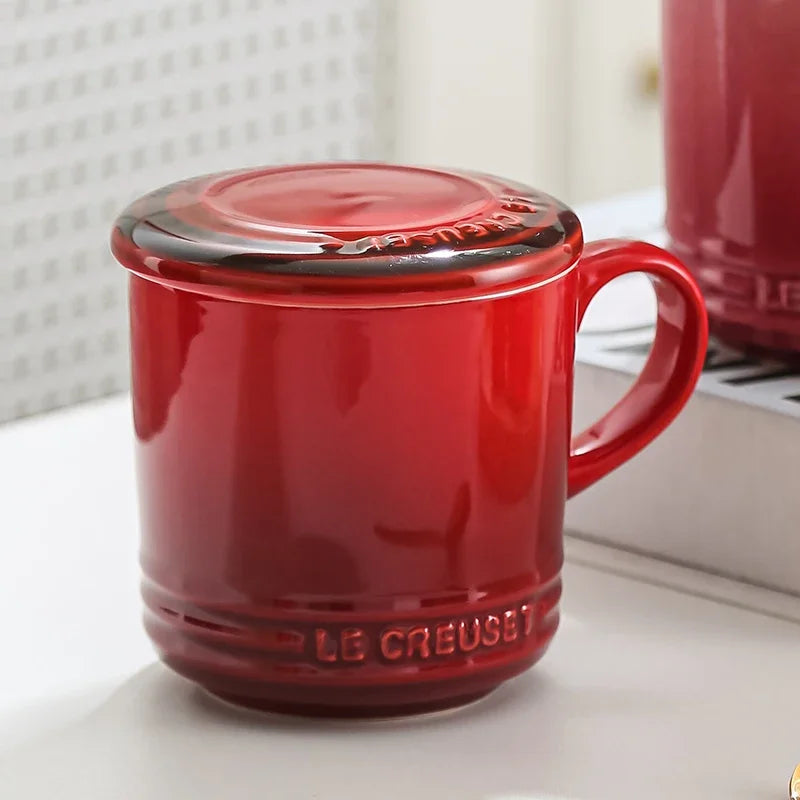 Cool Color LE CREUSET Ceramic Mug with Lid 300ml Milk Coffee Cup for Home Breakfast French Style Pure Color Office Use