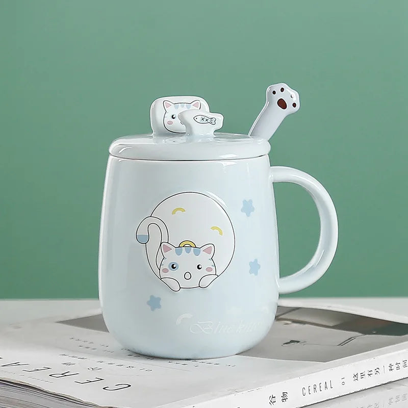 Cat-Themed Ceramic Mug with Lid and Spoon Cartoon Style Perfect for Office or Home Use Coffee Cup Mugs Mug Glass Mug Cup Mugs