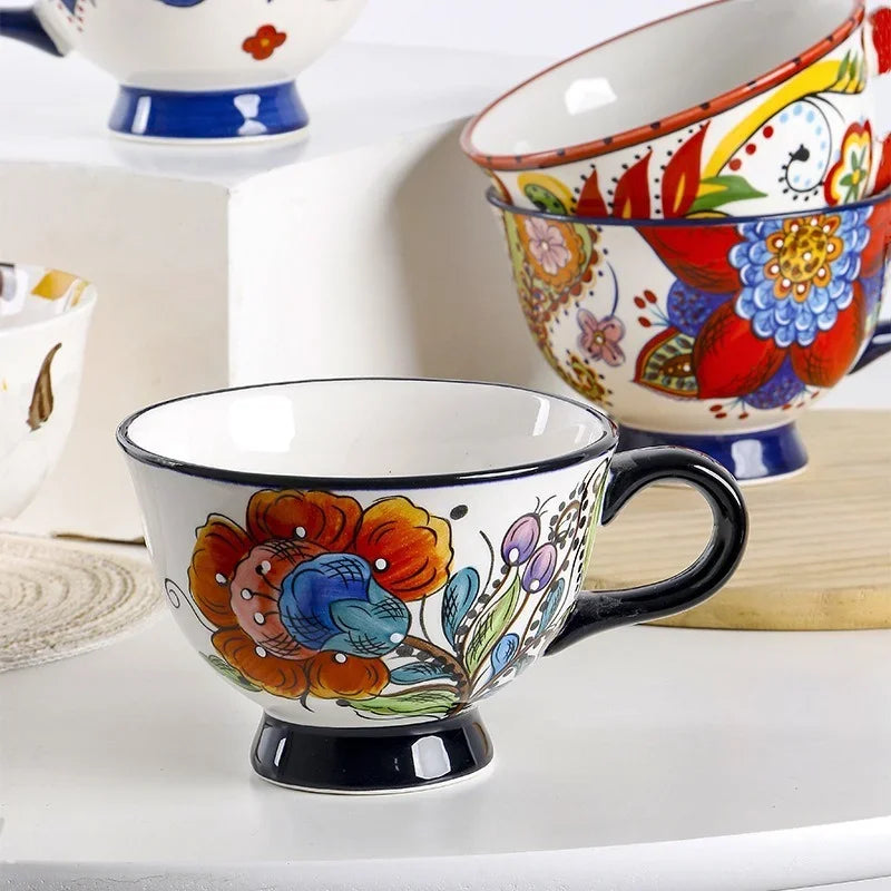 Ceramic Breakfast Mug European Pastoral Style Bone China Coffee Mug Creative High Foot Flower Teacup Home Drinkware Water Cup