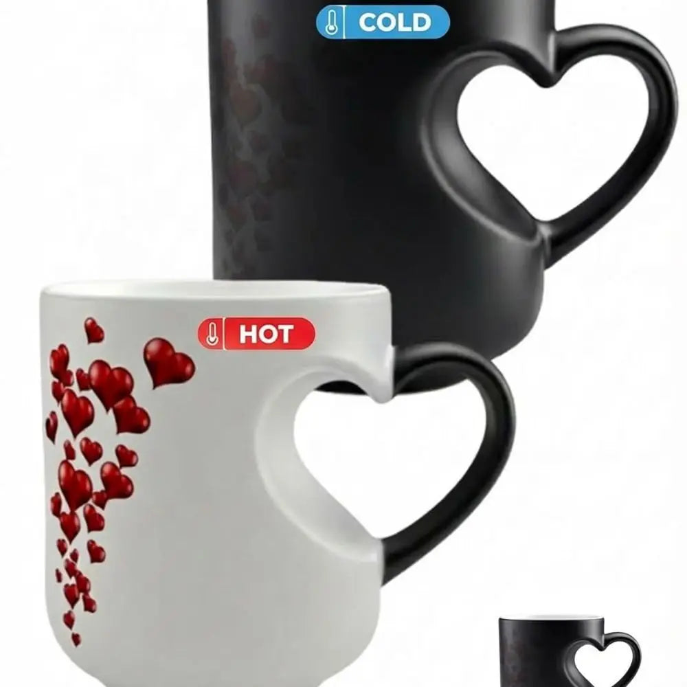 Ceramic Material Heart-Shaped Mug Heart Handle Design Fun Reveal Pattern Magic Ceramic Cup Surprise Design Heat Sensitive