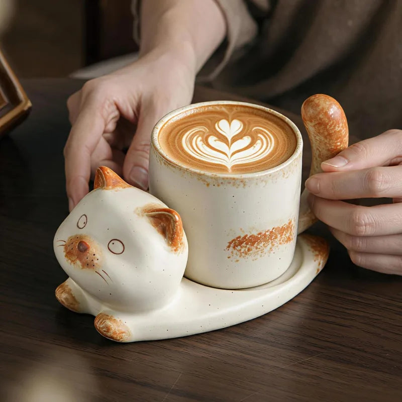 Ceramic Cat Coffee Mug Saucer Set Cute Cartoon Handmade Porcelain Tea Cup Vintage Latte Drinkware Home Cafe Tableware Gift
