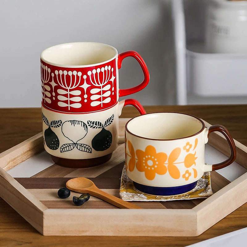 4pcs Set Ceramic Ear Hanging Coffee Mug Underglaze Colored Breakfast Milk Oatmeal Cup Japanese Retro Style Lovers Mug Stackable