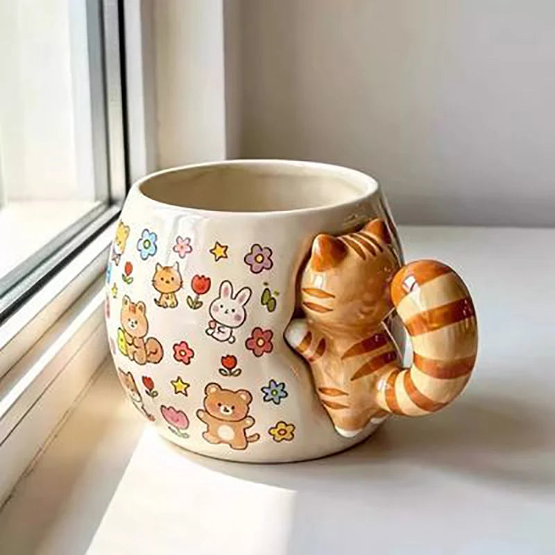 Cute Cat Ceramic Mug Creative Special Handle Design High Appearance Coffee Cup Home Decor Collection Gift For Friends