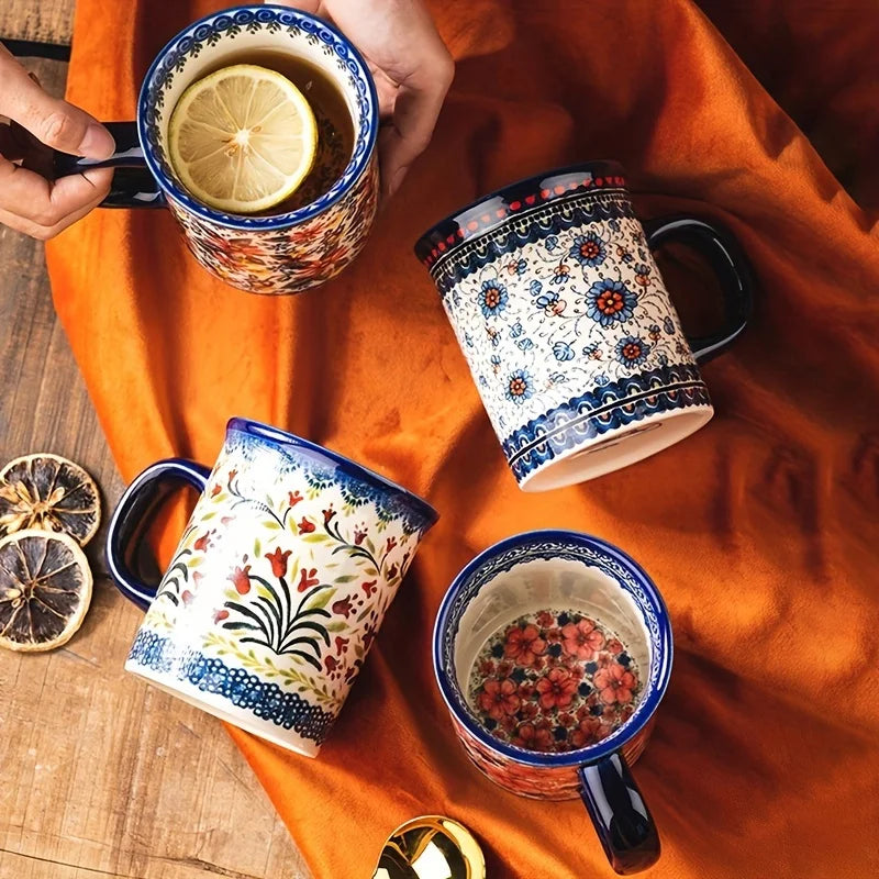 Bohemian Style Ceramic Mug, Hand-Painted Floral Pattern, Microwave Oven Compatible, Suitable for Coffee and Tea Consumption.