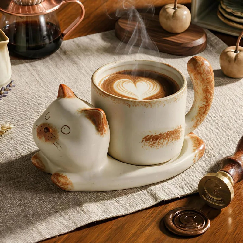 Ceramic Cat Coffee Mug Saucer Set Cute Cartoon Handmade Porcelain Tea Cup Vintage Latte Drinkware Home Cafe Tableware Gift