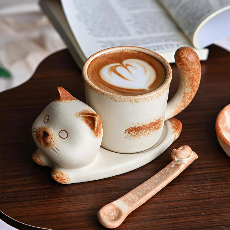 Ceramic Cat Coffee Mug Saucer Set Cute Cartoon Handmade Porcelain Tea Cup Vintage Latte Drinkware Home Cafe Tableware Gift