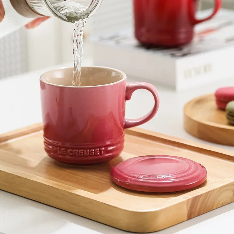 Cool Color LE CREUSET Ceramic Mug with Lid 300ml Milk Coffee Cup for Home Breakfast French Style Pure Color Office Use