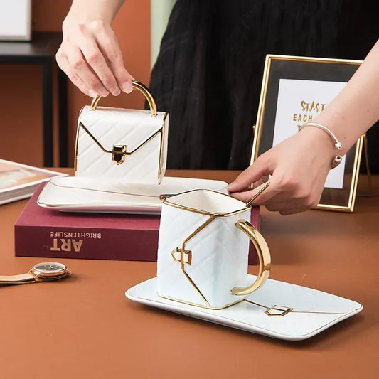 Bag Shaped Coffee Mug Luruxy Aesthetic Cup Ceramic Handbag Shape Tea Mug Saucer Set Dessert Afternoon Water Cup Drinkware Gift