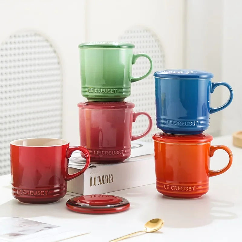 Cool Color LE CREUSET Ceramic Mug with Lid 300ml Milk Coffee Cup for Home Breakfast French Style Pure Color Office Use