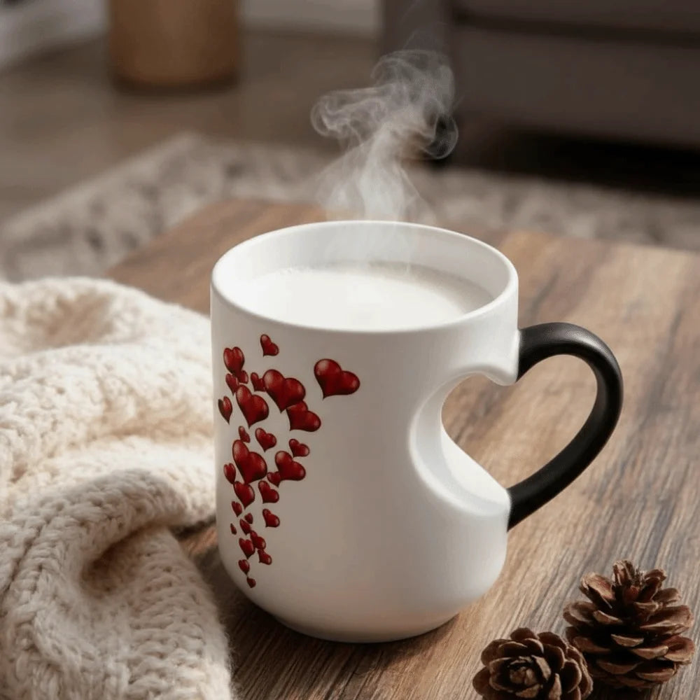 Ceramic Material Heart-Shaped Mug Heart Handle Design Fun Reveal Pattern Magic Ceramic Cup Surprise Design Heat Sensitive