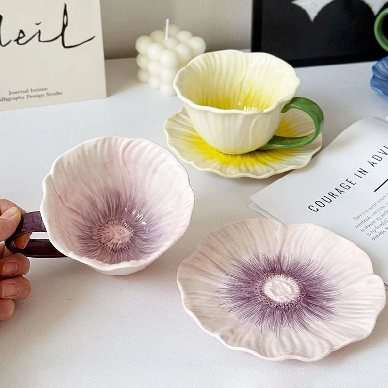 Creative Ceramic Coffee Mug Saucer Three-dimensional Flower Decoration Cup Delicate Latte Coffee Cup Home Breakfast Oatmeal Mug