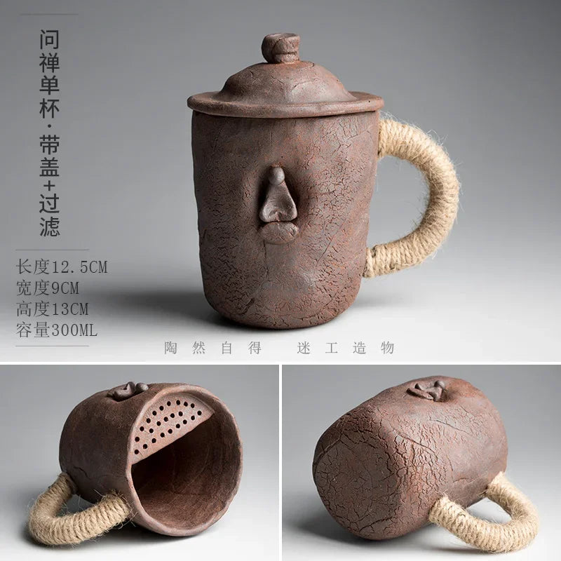 Handmade thick ceramic mug with lid spoon creative tie rope ceramic large capacity Japanese coffee cup cups
