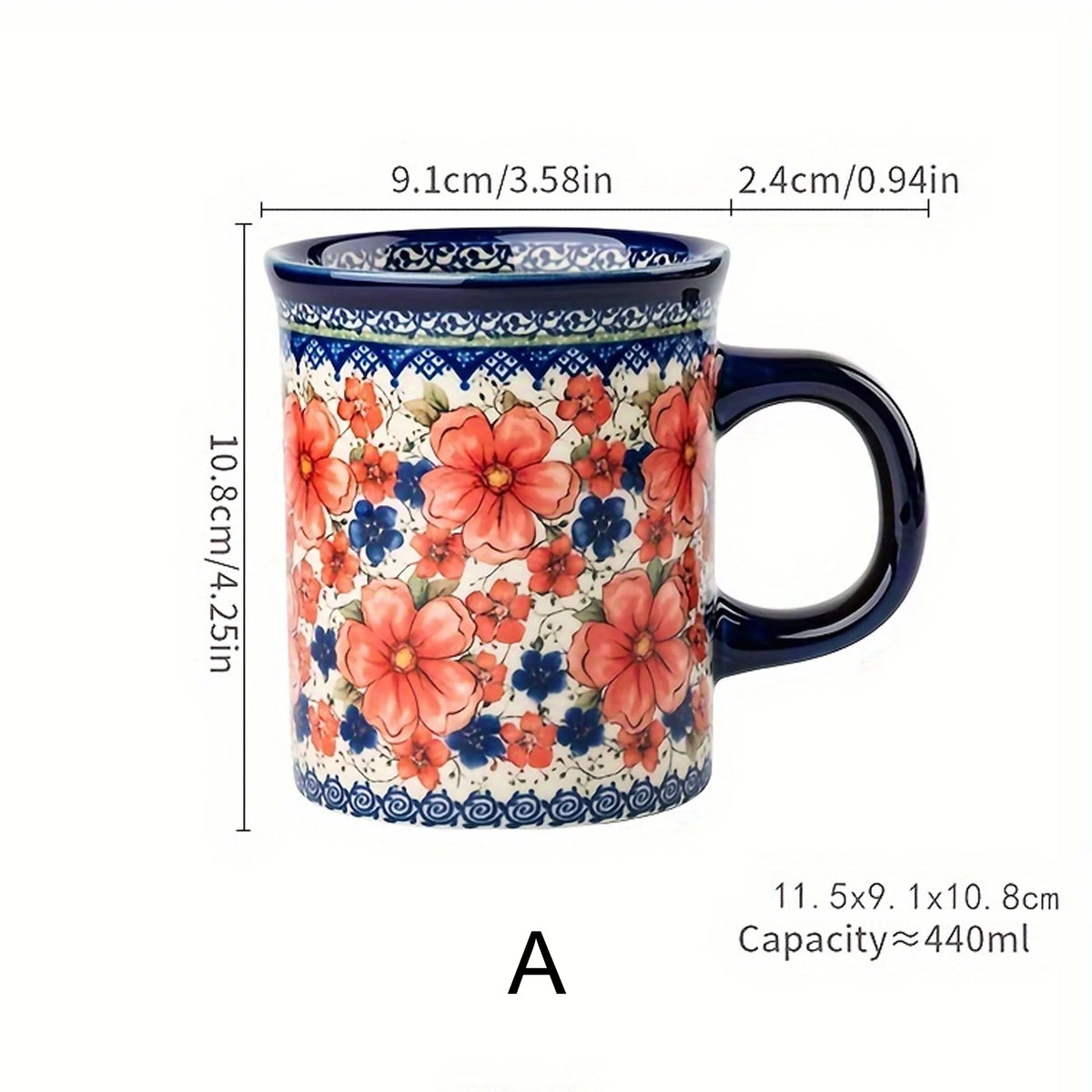 Bohemian Style Ceramic Mug, Hand-Painted Floral Pattern, Microwave Oven Compatible, Suitable for Coffee and Tea Consumption.