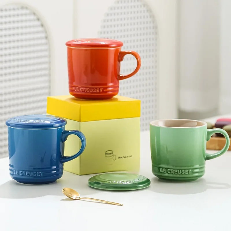 Cool Color LE CREUSET Ceramic Mug with Lid 300ml Milk Coffee Cup for Home Breakfast French Style Pure Color Office Use