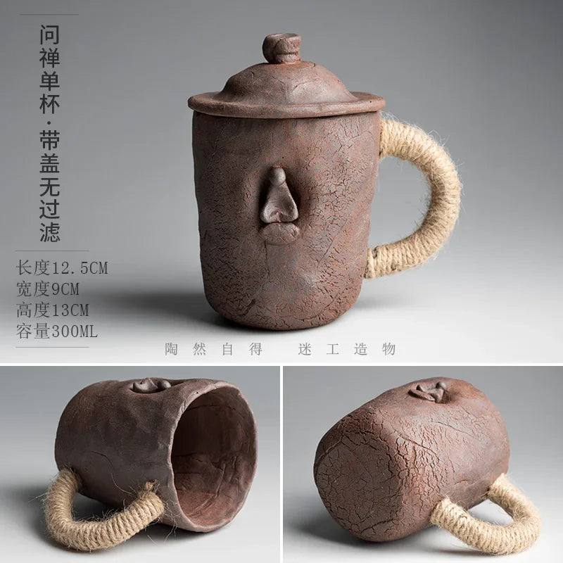 Handmade thick ceramic mug with lid spoon creative tie rope ceramic large capacity Japanese coffee cup cups