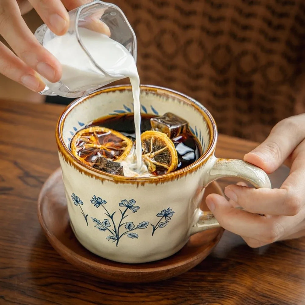 Microwave Safe Ceramic Coffee Cup Non-slip 385ml Exquisite Water Cup Heat-resistant Comfortable Grip Antique Style Mug Kitchen
